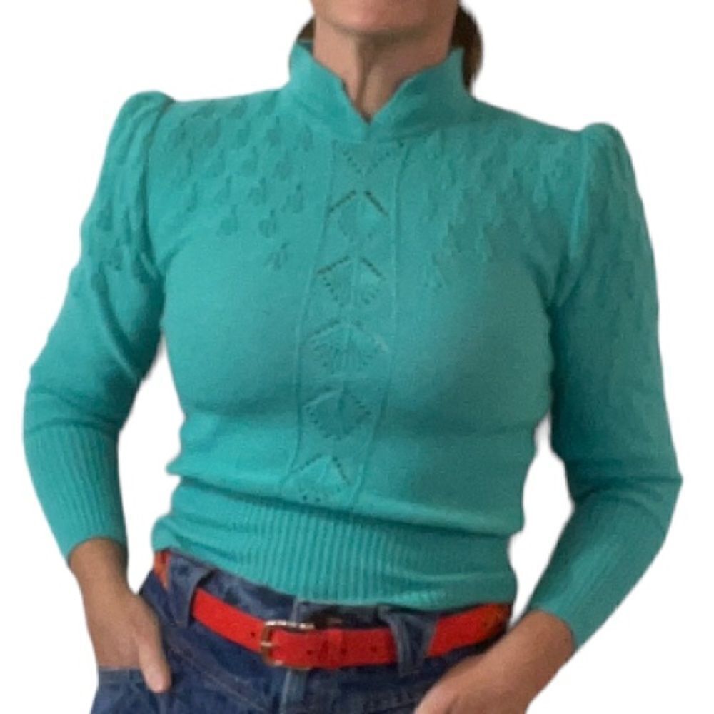20ANS by MARIEA KIM Women’s Vintage 80s High Neck Long Sleeve Sweater Teal Small